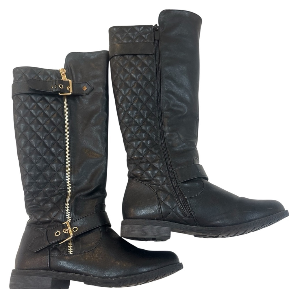 FOREVER Black Quilted Knee-High Riding Boots - Gold Buckle Hardware Size 7